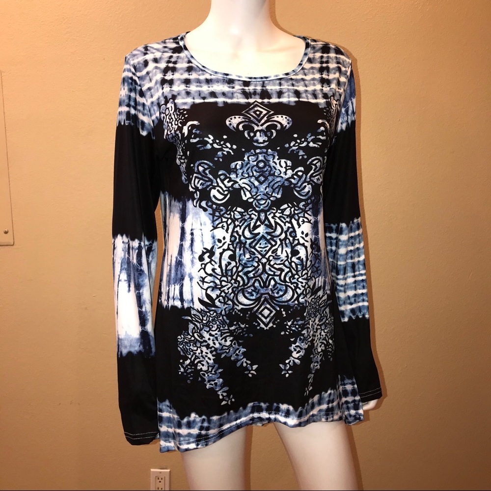 Long Sleeve Stretch Tunic Top Blue & Black